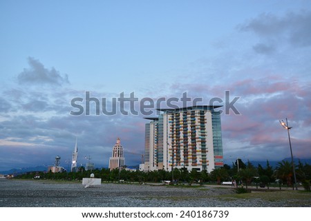 BATUMI, ADJARA, GEORGIA - SEPTEMBER 22: Alphabetic Tower, Technological University Tower, the Sheraton Batumi Hotel and Batumi Hilton Hotel & Residences on September 22, 2014 in Batumi.
