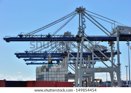 Huge cranes at the port of Auckland, New Zealand