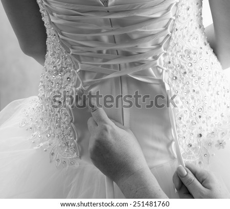 the bride puts on a white dress, a view from a back.