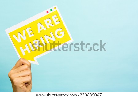 Job message board blue background with empty space. We are hiring yellow banner. Business concept.