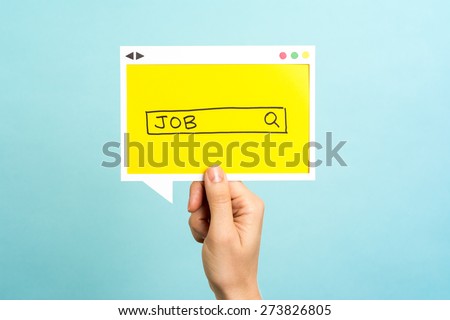 People searching for a new job. Job search concept on blue background.