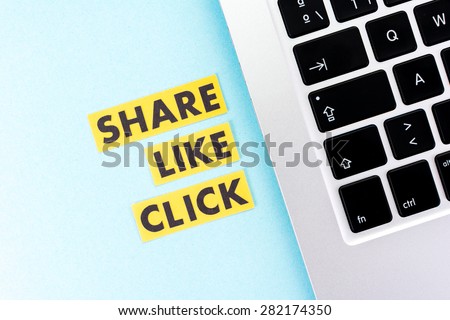 share, like, click on blue background and notebook. Social media concept.