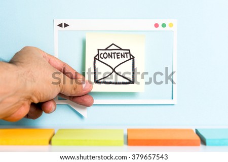 Email content marketing. Producing creative content. Hand showing illustration of letter with the word content.