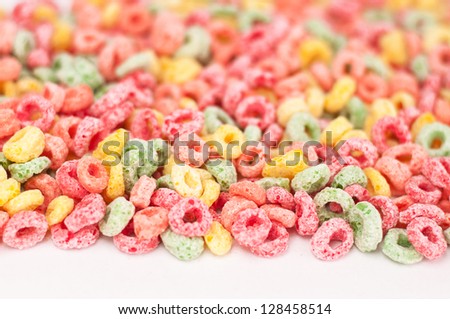 Background with a group of kids fruity cereal. Shallow DOF.