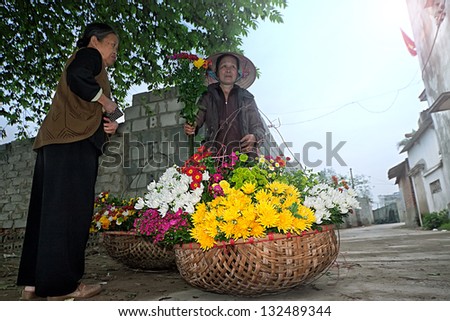 HANOI, VIETNAM - FEBRUARY 24: Unidentified flower vendor at the flower small market on Feb 24, 2013 in Hanoi, Vietnam. This is a small market for retail florists and street vendors