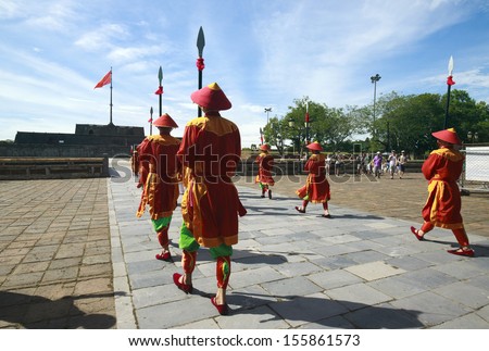 HUE,VIETNAM-AUGUST 16:changing the guard ceremony on August16,2013 in Hue,Vietnam.Changing the guard ceremony is one of the adaptive restoration activities of the for Conservation of Monuments of Hue