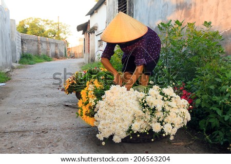 NAMDINH, VIETNAM July 10. 2014 : Unidentified flower vendor at the flower small market in Namdinh, Vietnam. This is a small market for retail florists aend street