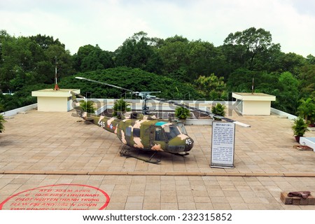 HOCHIMINH CITY, VIETNAM AUGUST 8, 2013: UH1 aircraft (made in USA) is the aircraft of the same type simultaneously with the presidential plane NguyenVanThieu used before 1975