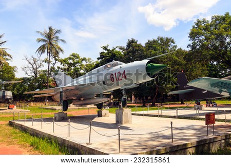 HUE, VIETNAM AUGUST 16, 2013: Mic 21 aircraft models are on display in Hue, Vietnam. Mic 21 aircraft was a jet fighter aircraft used in the military in many countries around the world.