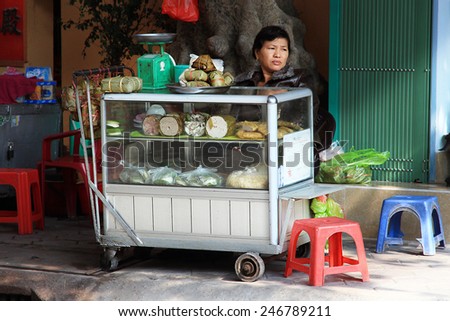 NAMDINH, VIETNAM December 30, 2014: a shop selling food on the street. Street food is easy to see while traveling in Vietnam.