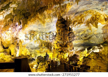 QUANGBINH, VIETNAM - March 14, 2015: THIEN DUONG - famous cave in Quang Binh, Vietnam under multi-colored lights. This is one of the most beautiful caves in Vietnam.