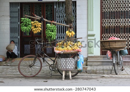 NAMDINH, VIETNAM May 9, 2015: many bananas on bicycle sale in city  Namdinh, Vietnam. Small banana trade is primarily in cities.