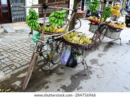 NAMDINH, VIETNAM May 9, 2015: many bananas on bicycle sale in city Namdinh, Vietnam. Small banana trade is primarily in cities.