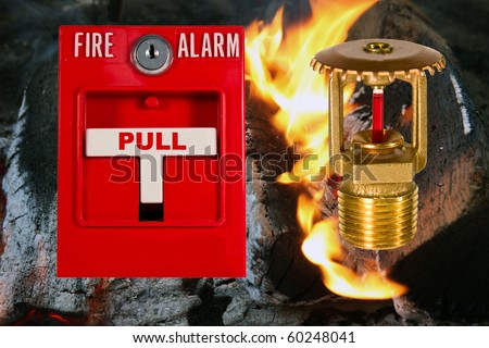 fire alarm pull station and sprinkler valve over a flame background