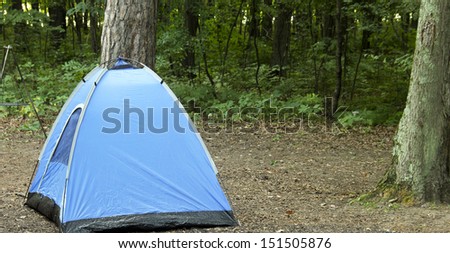 blue tent on a wilderness camp site with trees and woods in the background