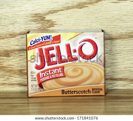 SPENCER , WISCONSIN - JANUARY 17, 2014:  JELL-O box of Pudding and Pie Mix ,JELLO brand has been a leader in the manufacturing of Gelatin products since it was established in 1923