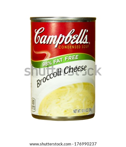 SPENCER , WISCONSIN- FEBRUARY 14, 2014 : can of Campbell\'s Broccoli Cheese. Campbell\'s is a leading producer of canned soups and related products. It was founded in 1869