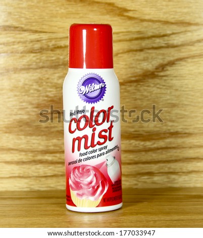 SPENCER , WISCONSIN- FEBRUARY 15, 2014 : can of can of Wilton Color Mist food color spray. Wilton is a leading food crafting  company in America founded in 1929