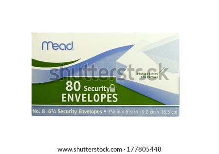 SPENCER , WISCONSIN- FEBRUARY 20, 2014 : box of Mead Security Envelopes. Mead Company was founded in 1930