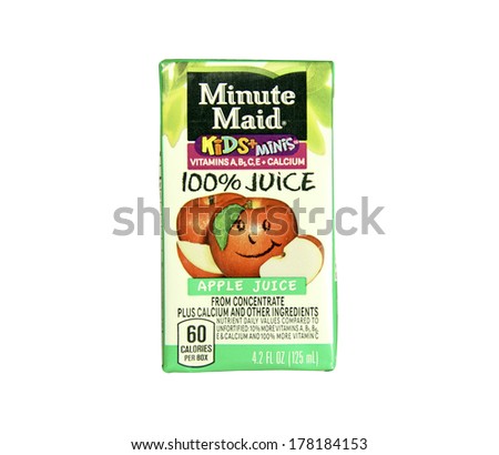 SPENCER , WISCONSIN- FEBRUARY 23, 2014 : box of Minute Maid Apple Juice. Minute Maid is a leading Beveragee Company founded in 1945