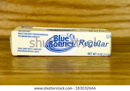 SPENCER , WISCONSIN- MARCH 22, 2014 : stick of Blue Bonnet Margarine. Blue Bonnet is a brand of Margarine and other bread spreads owned by ConAgra Foods