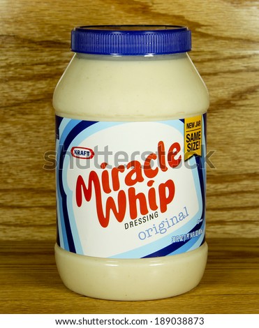 SPENCER , WISCONSIN-APRIL24, 2014 :  jar of  Miracle Whip Dressing. Miracle Whip is a Kraft Foods product.