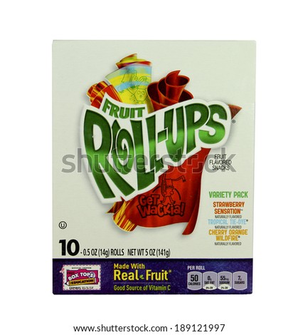 SPENCER , WISCONSIN-APRIL 25, 2014 : box of Fruit Roll-Ups. Fruit Roll-Ups are manufactured by General Mills and distributed by Betty Crocker