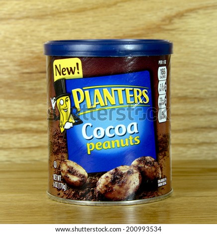 SPENCER , WISCONSIN June 26 , 2014:  can of Planters Cocoa Peanuts. Planters is an American snack food company, a division of Kraft foods.