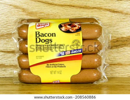 SPENCER , WISCONSIN Aug. 2 , 2014:  package of Oscar Mayer Bacon Dogs. Oscar Mayer is a meat production company founded in 1900