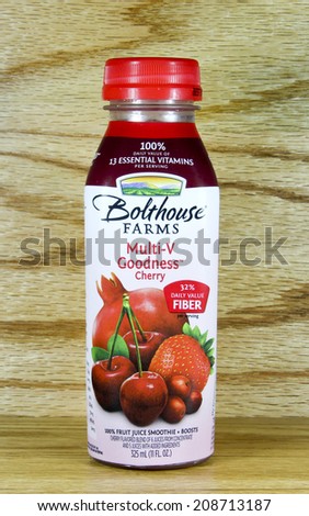 SPENCER , WISCONSIN Aug.3 , 2014:  bottle of Bolthouse Farms Multi-V Goodness Cherry Juice. Bolthouse Farms is a vertically integrated farm company founded in 1915