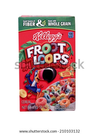 SPENCER , WISCONSIN Aug. 10 , 2014:  box of Kellogg\'s Fruit Loops Cereal, Kellogg\'s is an American food manufacturer founded in 1906