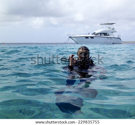 Woman scuba diver giving the O.K. sign on the surface after a tropical dive