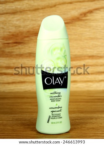 SPENCER , WISCONSIN,January, 23, 2015,  Bottle of Olay Moisturizing Body Wash. Olay is an American skin care line founded in 1949 and is owned by Procter & Gamble\'s