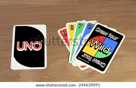 SPENCER , WISCONSIN,  February, 03, 2015   UNO cards from the game showing front and back of cards. UNO is an American card game founded and invented in 1971