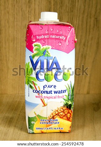 SPENCER , WISCONSIN,  February, 21, 2015  Bottle of Vita Coco Coconut Water with tropical fruit. Vita Coco was founded in 2005