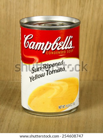 SPENCER , WISCONSIN,  February, 21, 2015  Can of Campbell\'s Sun-Ripened Yellow Tomato Soup. Campbell\'s was founded in 1869 and it\'s poducts are sold in over 120 countries