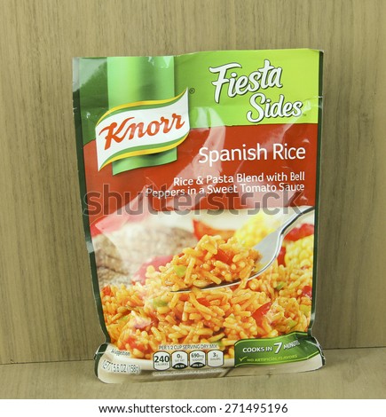 SPENCER , WISCONSIN, April, 21, 2015    Bag of Knorr brand Spanish Rice noodle mix. Knorr is a German brand name who\'s company is in Heilbronn Germany.