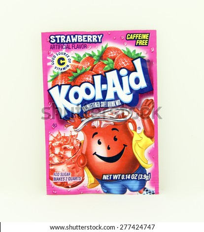 SPENCER , WISCONSIN, May, 12, 2015  Package of Strawberry Flavored Kool-Aid. Kool-Aid is now owned by Kraft Foods and was invented in 1927