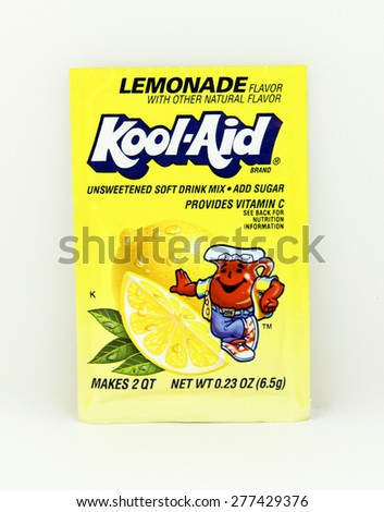 SPENCER , WISCONSIN, May, 12, 2015  Package of Lemonade Flavored Kool-Aid. Kool-Aid is now owned by Kraft Foods and was invented in 1927