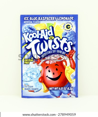 SPENCER , WISCONSIN, May, 18, 2015  Package of Ice Blue Raspberry Lemonade  Kool-Aid. Kool-Aid is now owned by Kraft Foods and was invented in 1927