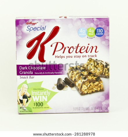 SPENCER , WISCONSIN, May, 25, 2015  Box of Special K Dark Chocolate Protein Bars. Special K is a Kellog\'s product. Kellog\'s was founded in 1906