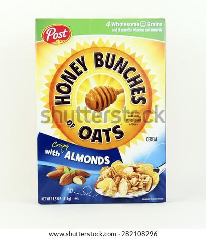 SPENCER , WISCONSIN, May, 28, 2015  Box of Post Honey Bunches of Oats Cereal. Post is a major provider of Cereal and was founded in 1895