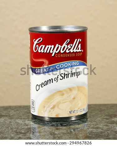 SPENCER, WISCONSIN, JULY, 9 ,2015  Can of Campbell\'s Cream of Shrimp Soup  Campbell\'s Soup Company was founded in 1869