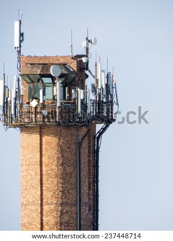 Antennas of cellular communication are located on a big tower