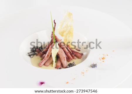 close up of cooked octopus isolated on white with patatoes cream