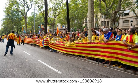 BARCELONA, SPAIN - SEPT. 11: Catalans to link up for a 400 Kilometers human chain (about 250 miles)  in their call for secession from Spain, on Sept. 11, 2013 in Barcelona, Spain.