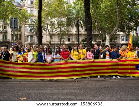 BARCELONA, SPAIN - SEPT. 11: Catalans to link up for a 400 Kilometers human chain (about 250 miles)  in their call for secession from Spain, on Sept. 11, 2013 in Barcelona, Spain.