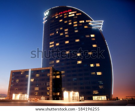 BARCELONA, SPAIN - JUNE 4: Night view of Hotel Vela in June 4, 2010 in Barcelona, Spain. Barceloneta Beach - one of the most popular in the city.