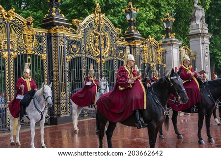 LONDON, UK - JUNE 7, 2014: Queen\'s Bands at Queen\'s Birthday Parade. Queen\'s Birthday Parade take place to Celebrate Queen\'s Official Birthday on June 7, 2014 in London, UK.