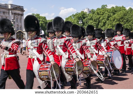 LONDON, UK - JUNE 7, 2014: Queen\'s Bands at Queen\'s Birthday Parade. Queen\'s Birthday Parade take place to Celebrate Queen\'s Official Birthday on June 7, 2014 in London, UK.